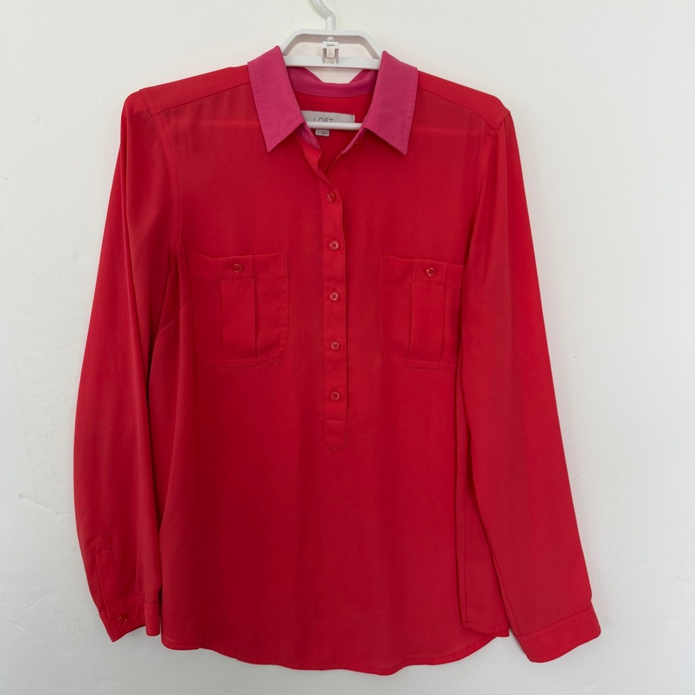 LOFT Womens Red Pink Contrast Collar Long Sleeve Button Utility Blouse Medium